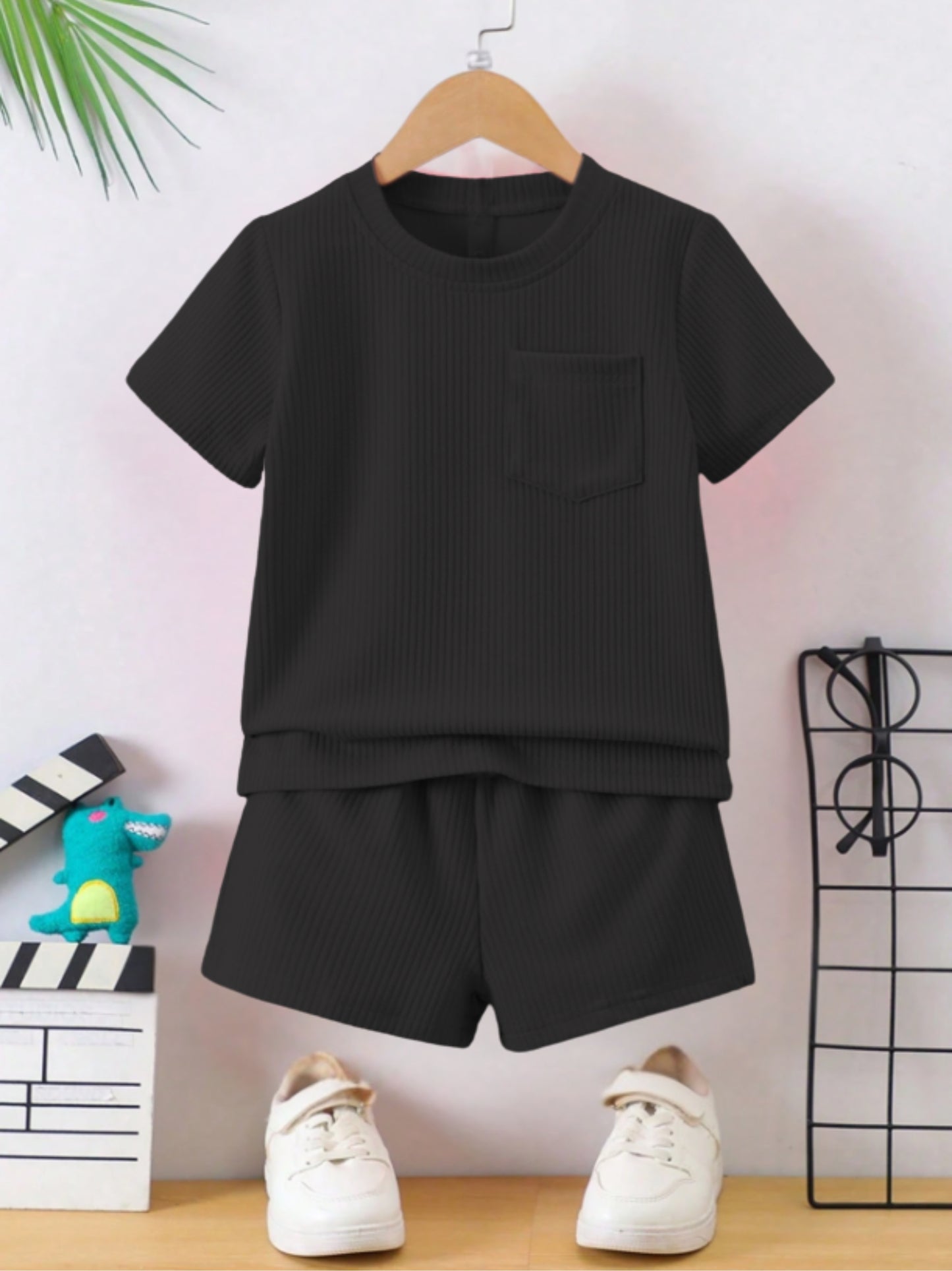 Black Ribbed With Pocket Clothing Co-ord Set For Boys