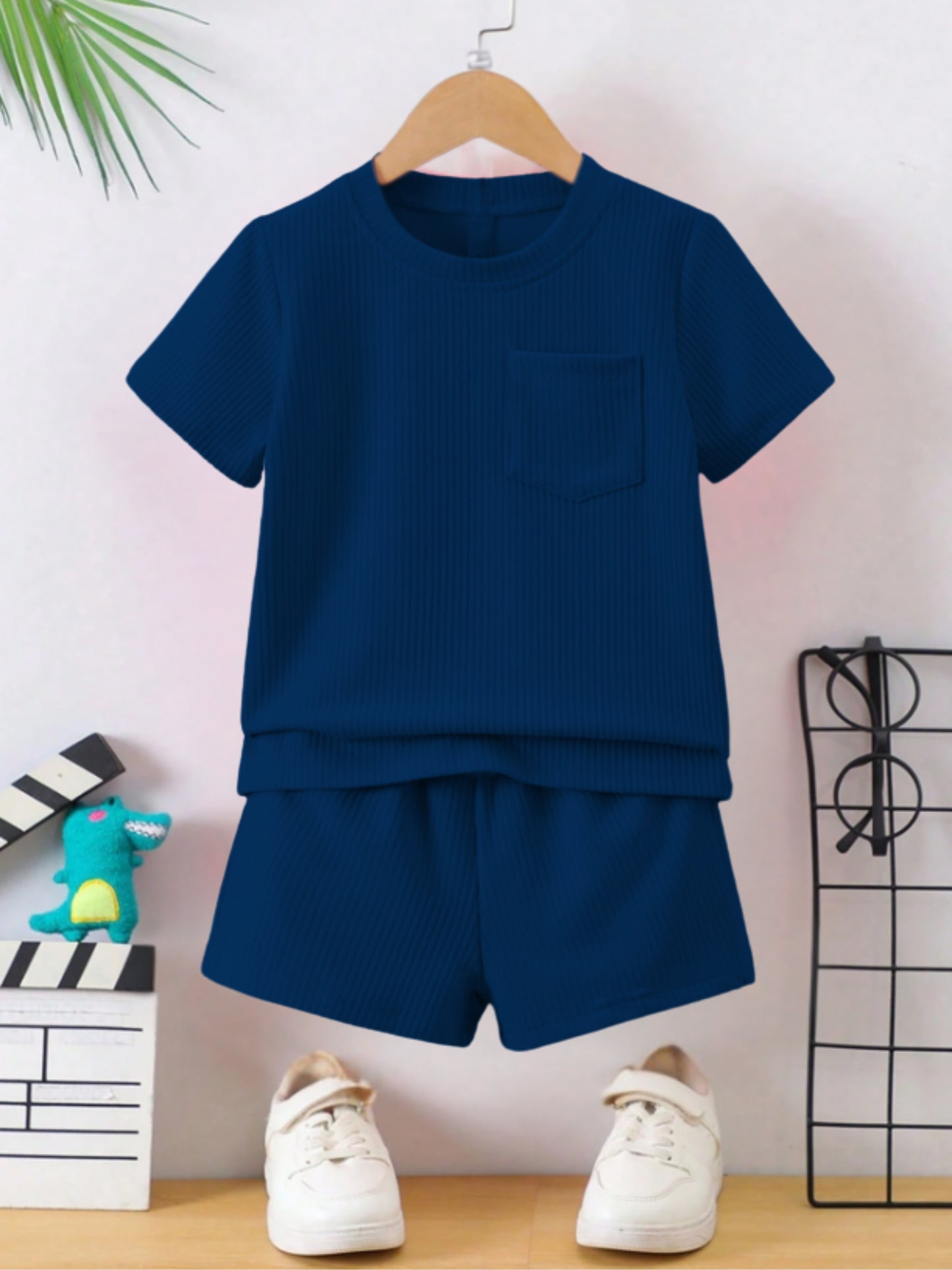 Airforce Blue Ribbed With Pocket Clothing Co-ord Set For Boys