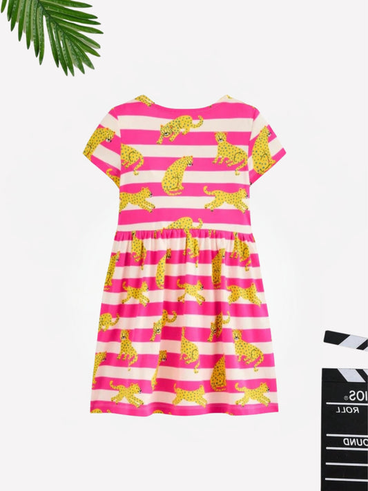 Pink Striped Tigress Cotton Blend Casual wear Comfortable Dress For Girls