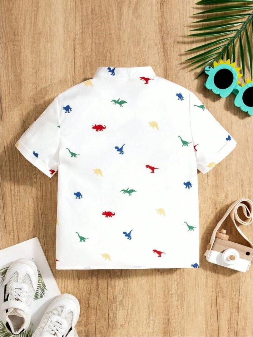 Boys White Dinosaur Printed Cotton Blend Casual wear Comfortable Shirt