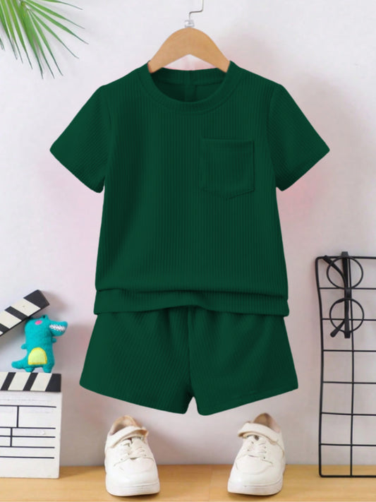 Olive Green Ribbed With Pocket Clothing Co-ord Set For Boys