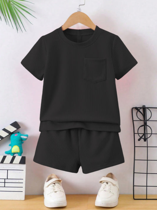 Black Ribbed With Pocket Clothing Co-ord Set For Boys