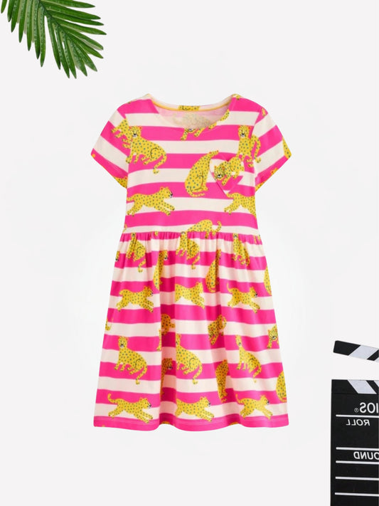 Pink Striped Tigress Cotton Blend Casual wear Comfortable Dress For Girls