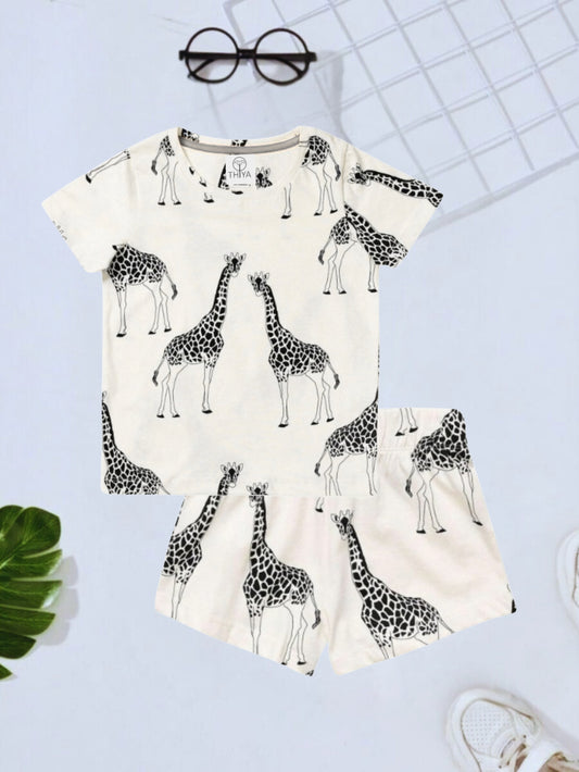 Grey Giraffe Printed Clothing Co-ord Set For Boys
