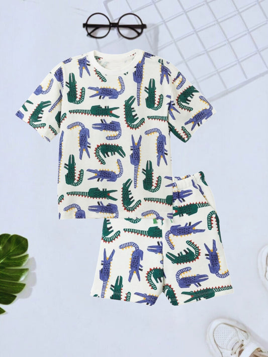 White Reptile Printed Clothing Co-ord Set For Boys