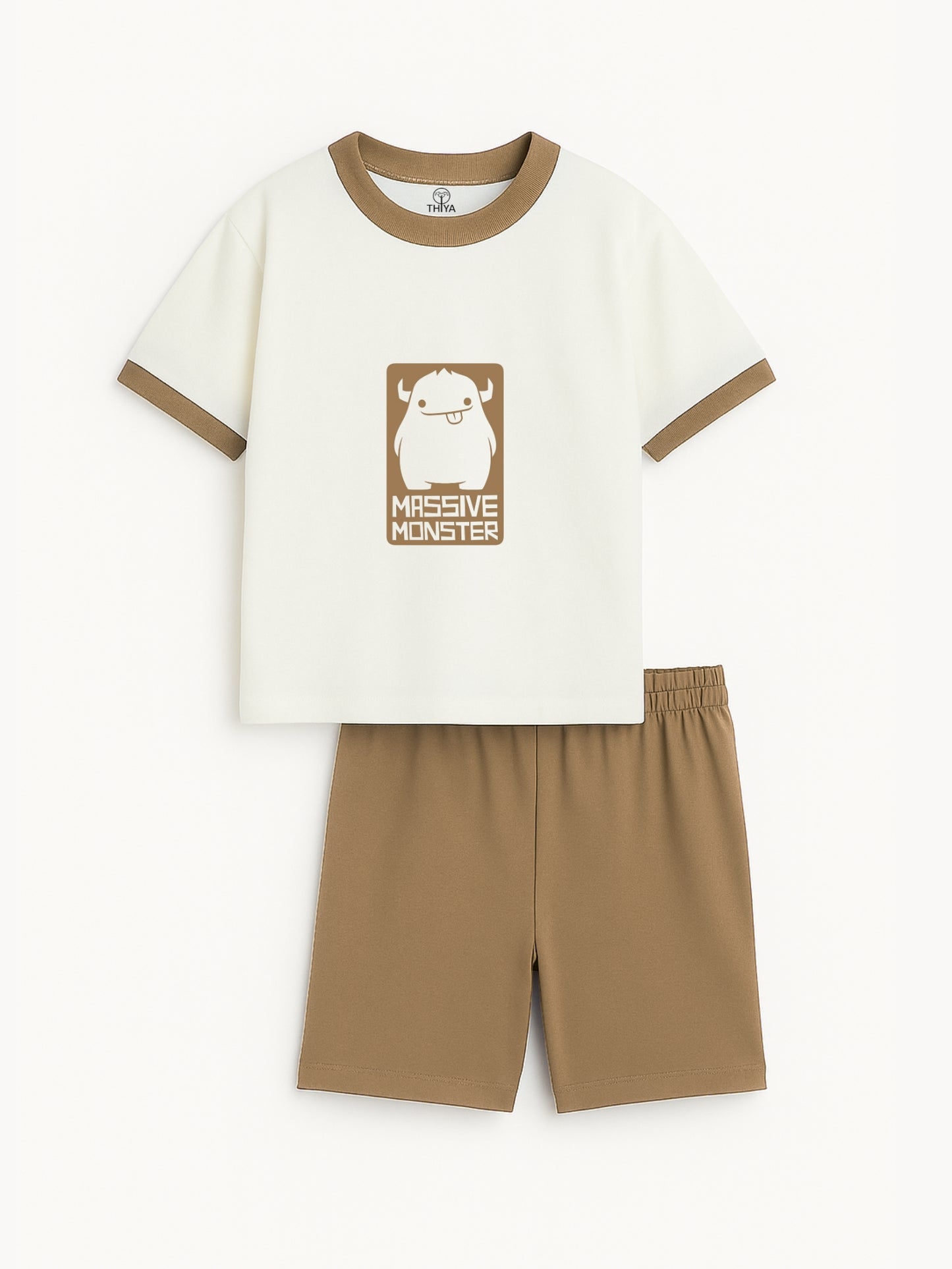 Massive Monster Puff Printed White & Light Brown Boys Co-ord Set