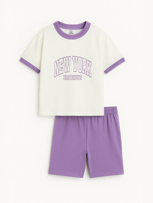 New York Puff Printed White & Lavender Boys Co-ord Set