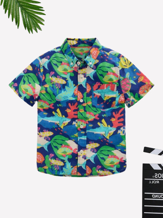 Boys Multi Fish Printed Cotton Blend Casual wear Comfortable Shirt