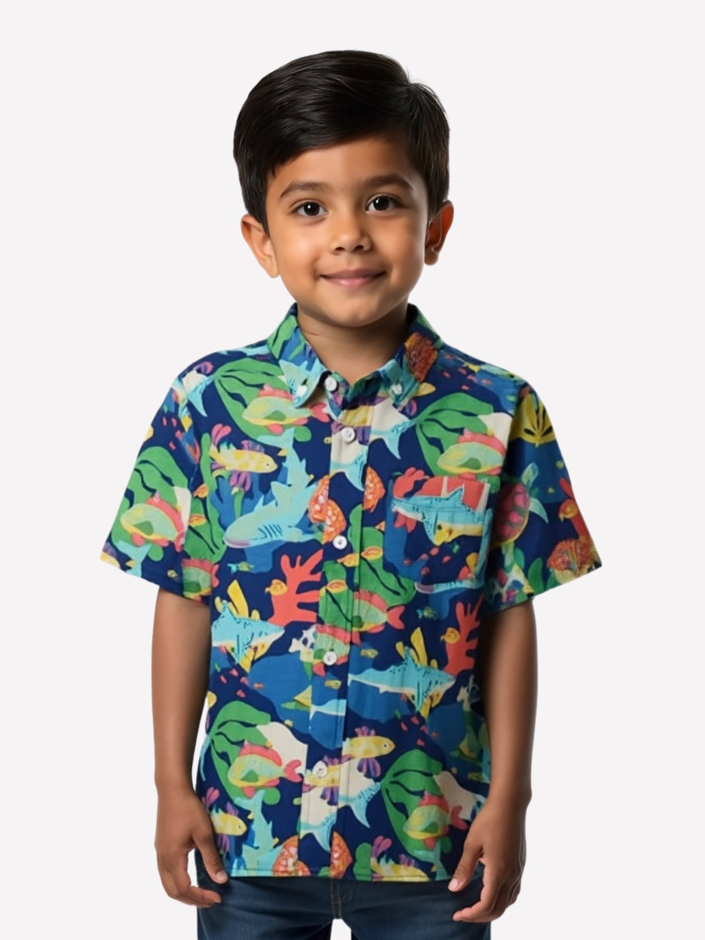 Boys Multi Fish Printed Cotton Blend Casual wear Comfortable Shirt