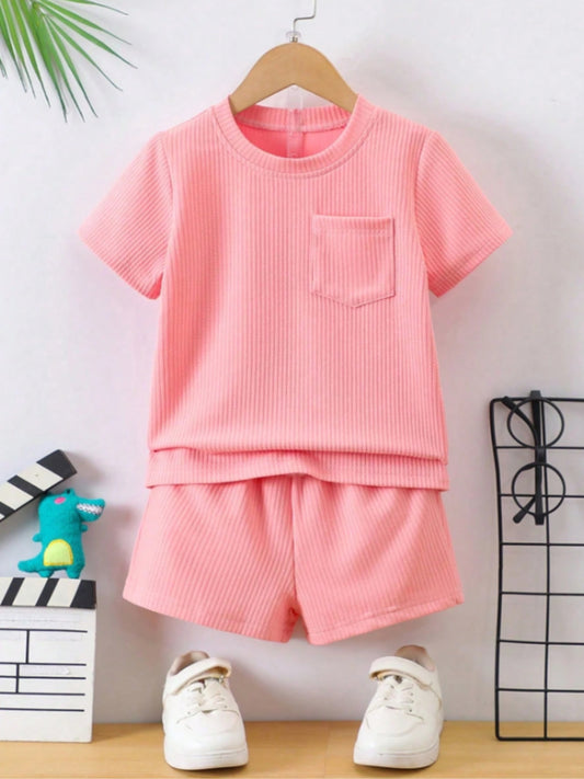 Peach Ribbed With Pocket Clothing Co-ord Set For Boys