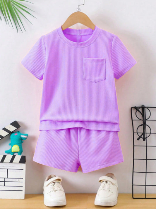 Purple Ribbed with pocket Clothing Co-ord Set For Boys