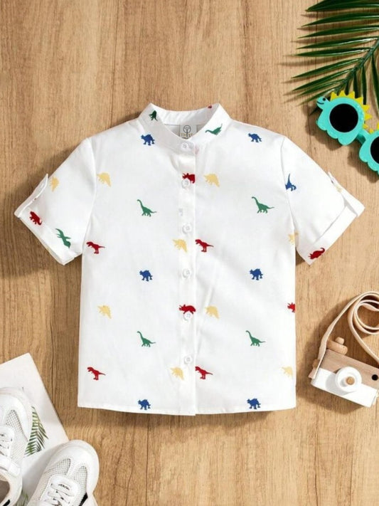 Boys White Dinosaur Printed Cotton Blend Casual wear Comfortable Shirt