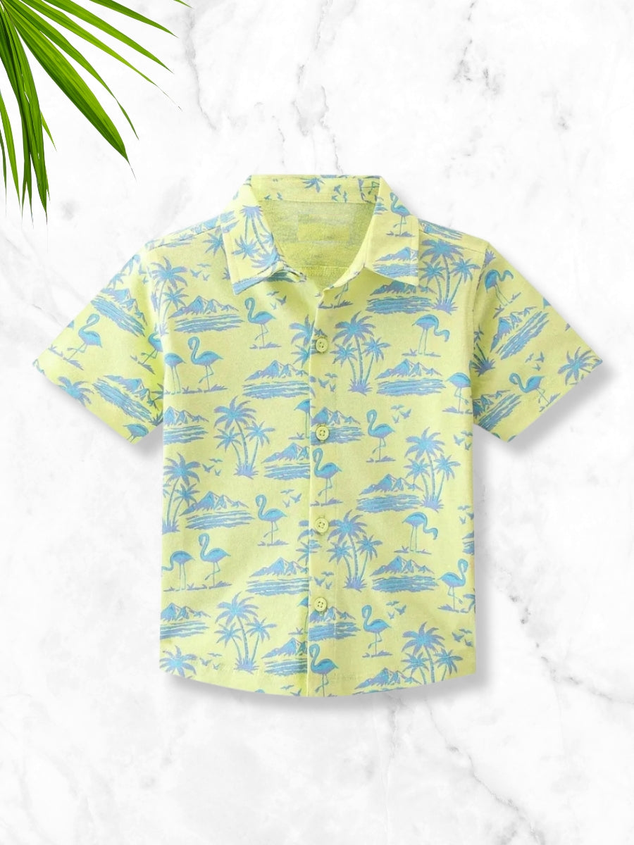 Boys Yellow Tropical Printed Cotton Blend Casual wear Comfortable Shirt