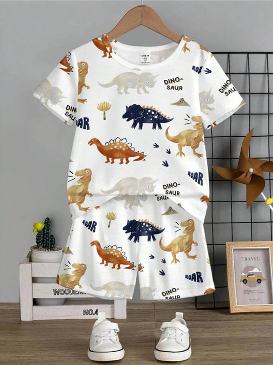 White Dino Printed Clothing Co-ord Set For Boys