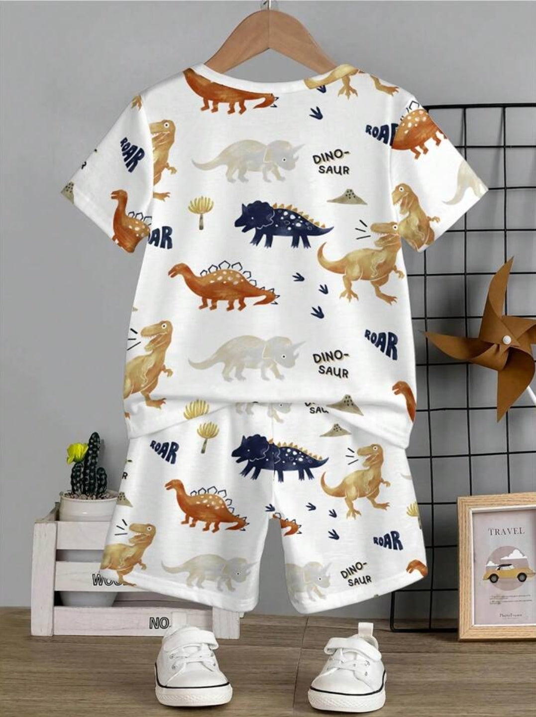 White Dino Printed Clothing Co-ord Set For Boys