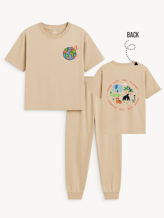 Planets Printed Beige Boys Joggers Set